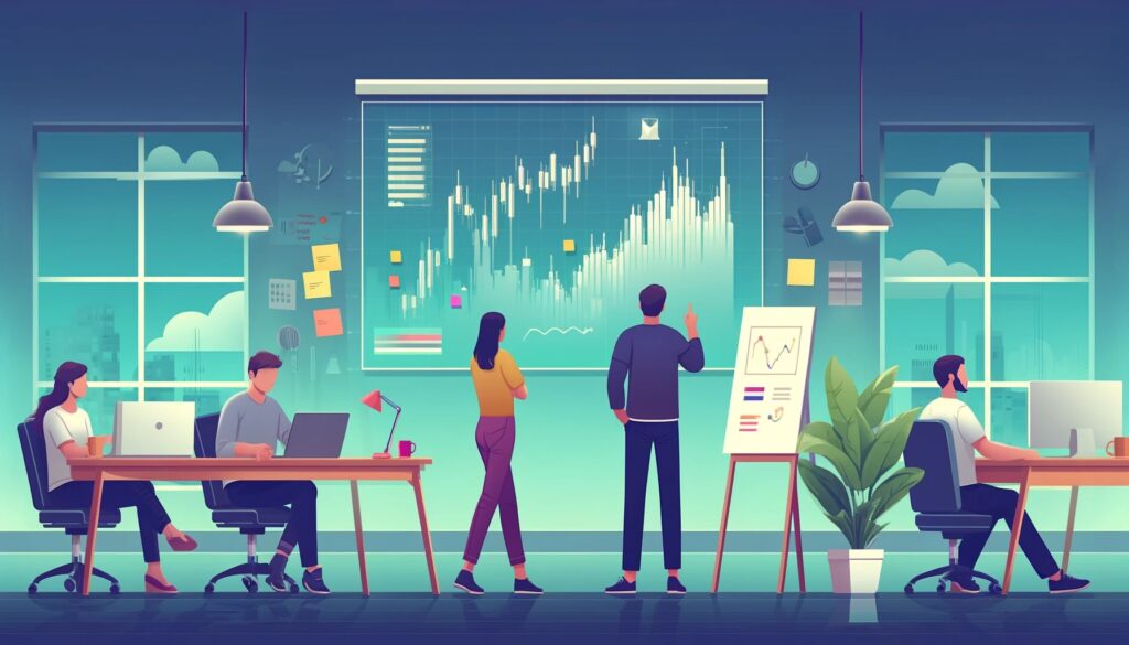 A graphic image of a room full of young professionals, some at sesks and two, a man and a woman standing in the middle looking at a graph on a whiteboard