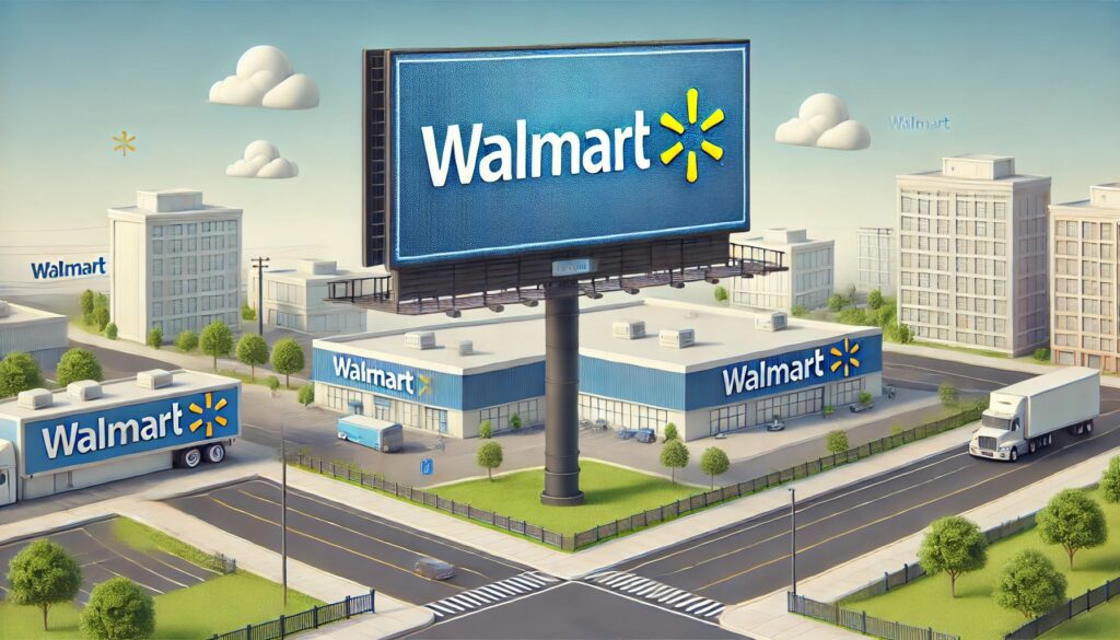 a landscape ode image of a large billboard with a Walmart logo on it 