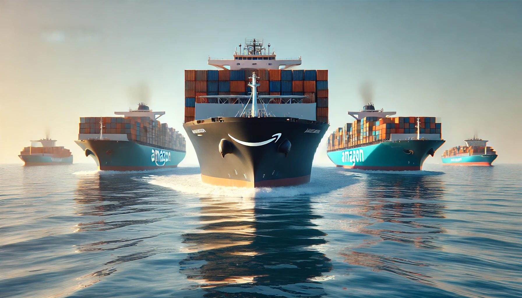 A group of large amazon branded container ships cruising across an ocean facing the viewer