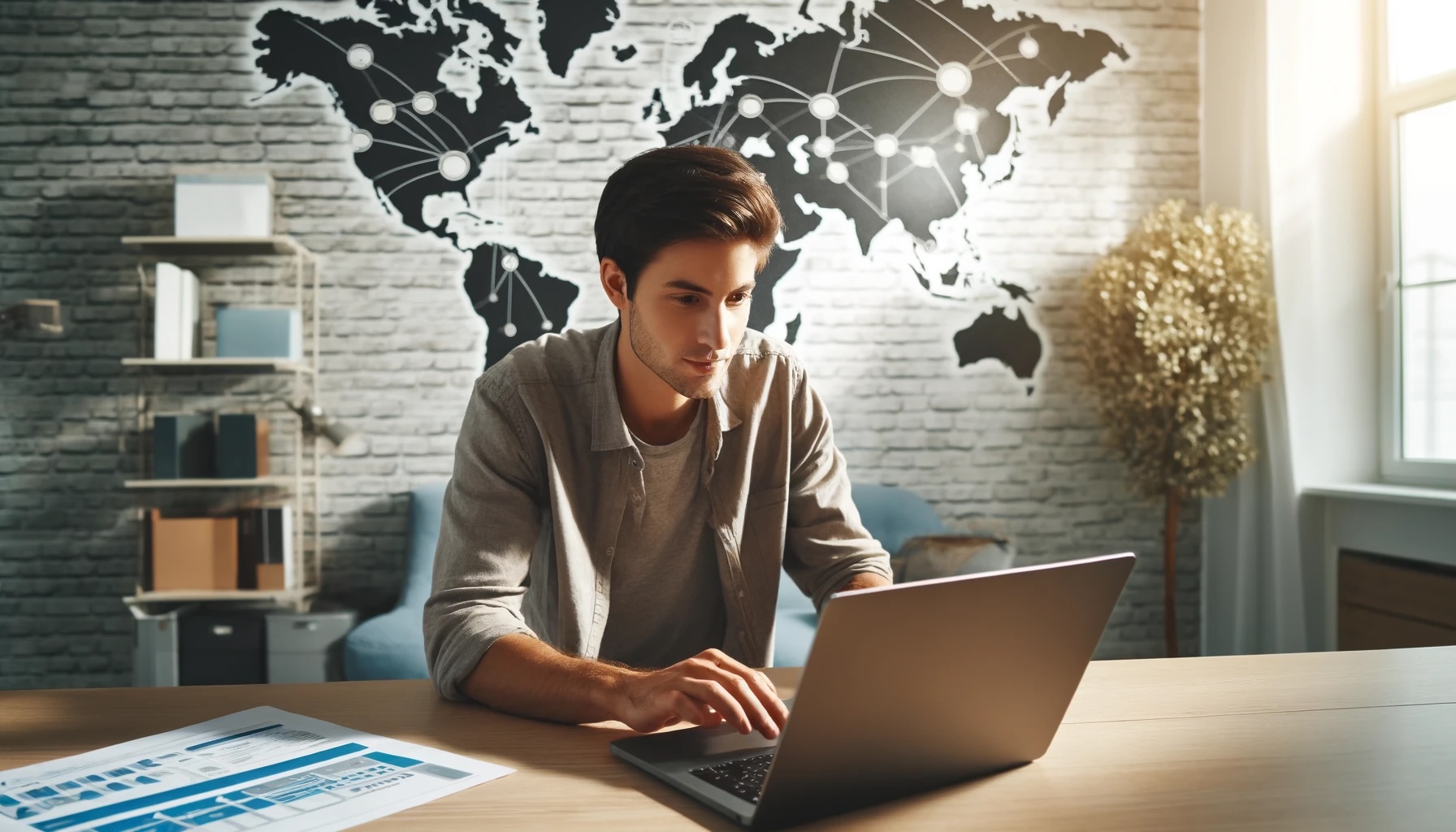 A graphic image of a young, dark haired entrepreneur researching business ideas on an open laptop