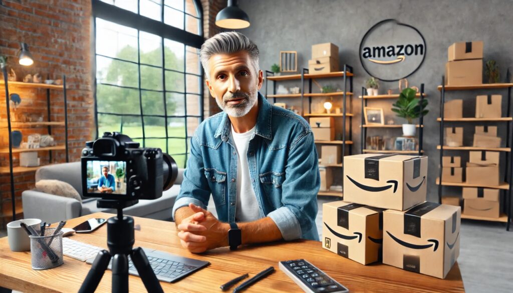 An image of a grey bearded middle age Amazon seller at a desk filming livestream event with Amazon boxes in the background 