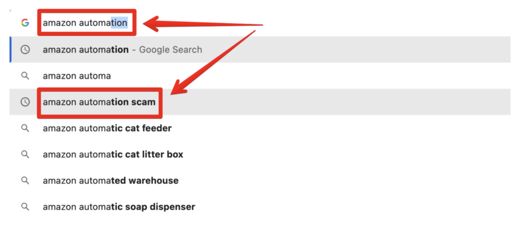 Screenshot of search results for "amazon automation" with red arrows pointing out "scam"