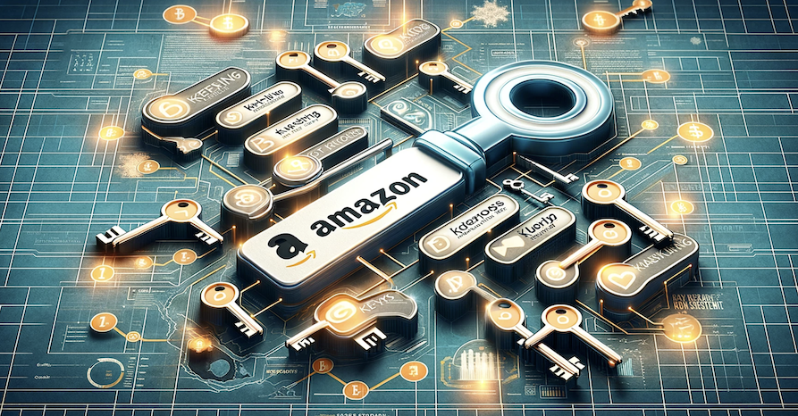 A graphic image of a network of colorful keys branded with the amazon logo